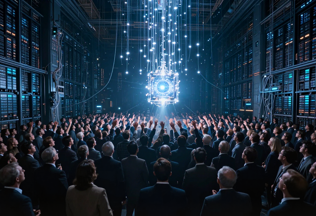 a vast crowd reaching toward a single glowing AI core in a data center