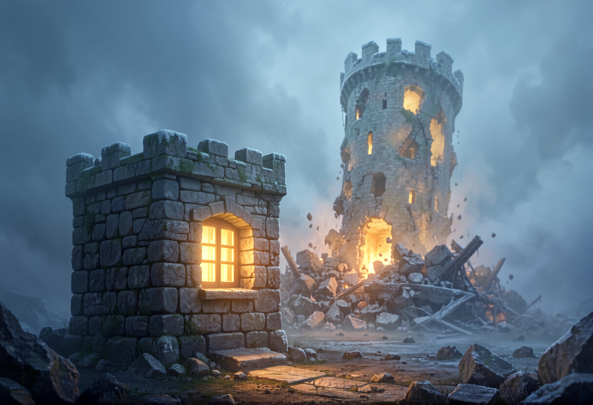 a small lit keep in the foreground, a vast tower collapsing in the distance