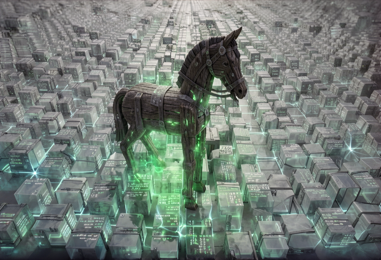 a wooden trojan horse standing among glowing code repository cubes