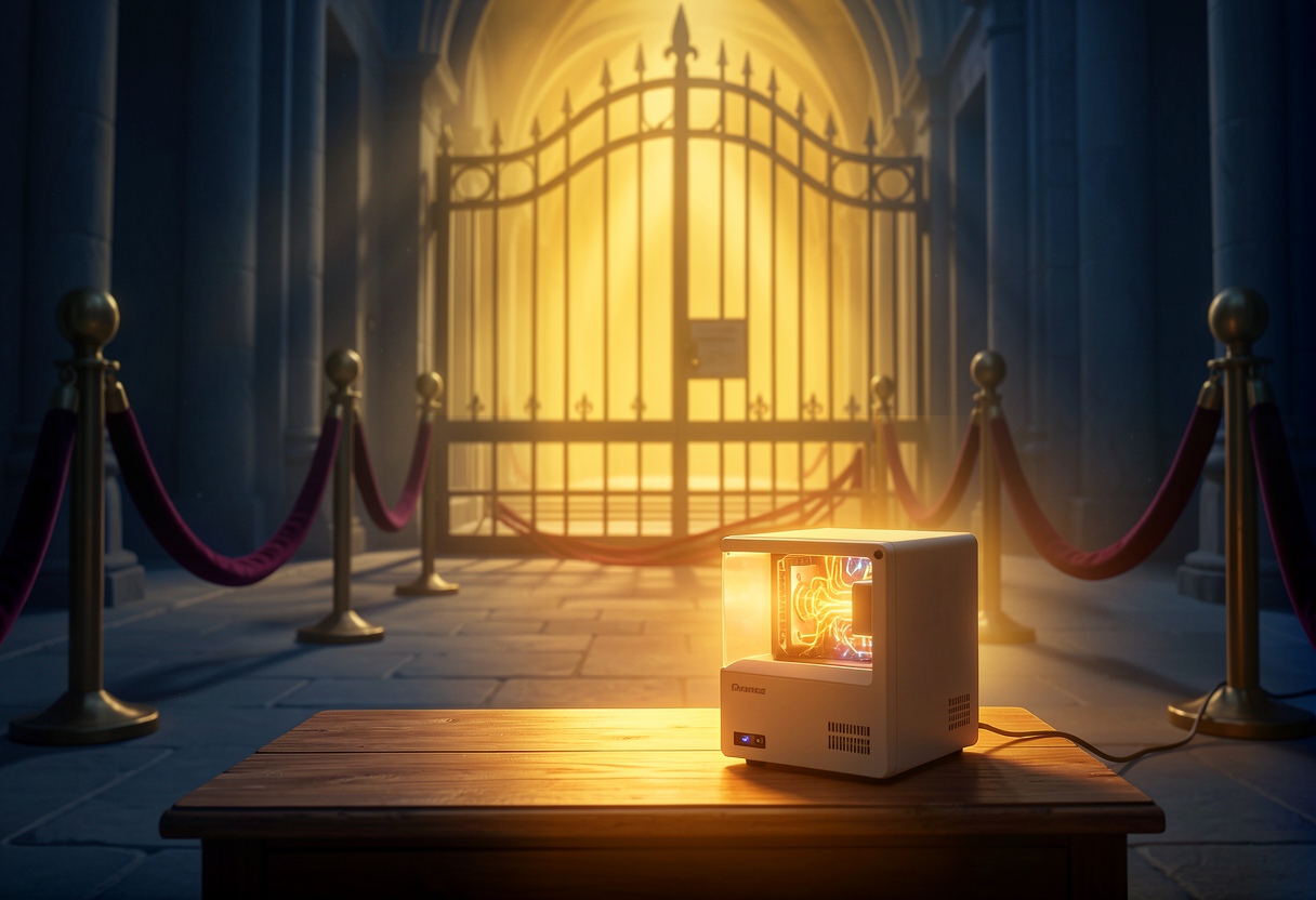 a small owned desktop still glowing while a grand hall is roped off and dimmed