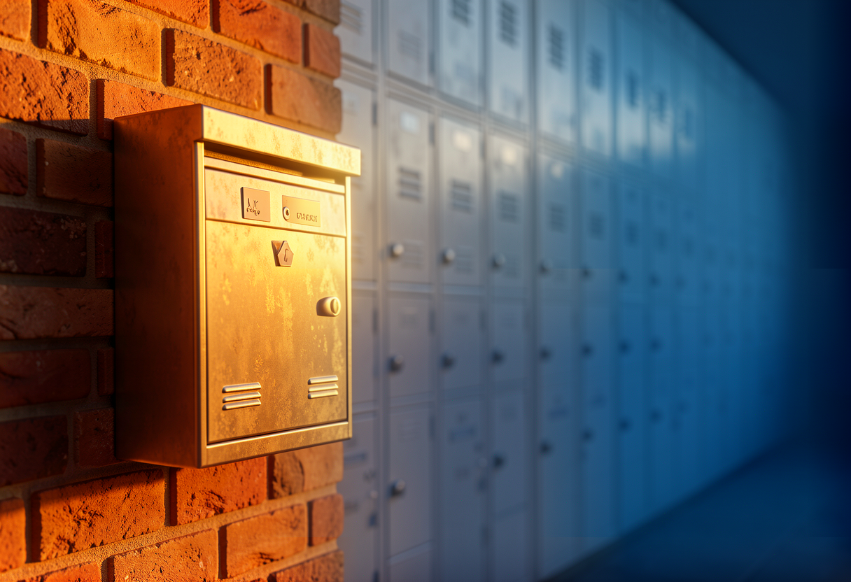 a private mailbox you own beside a wall of rented lockers