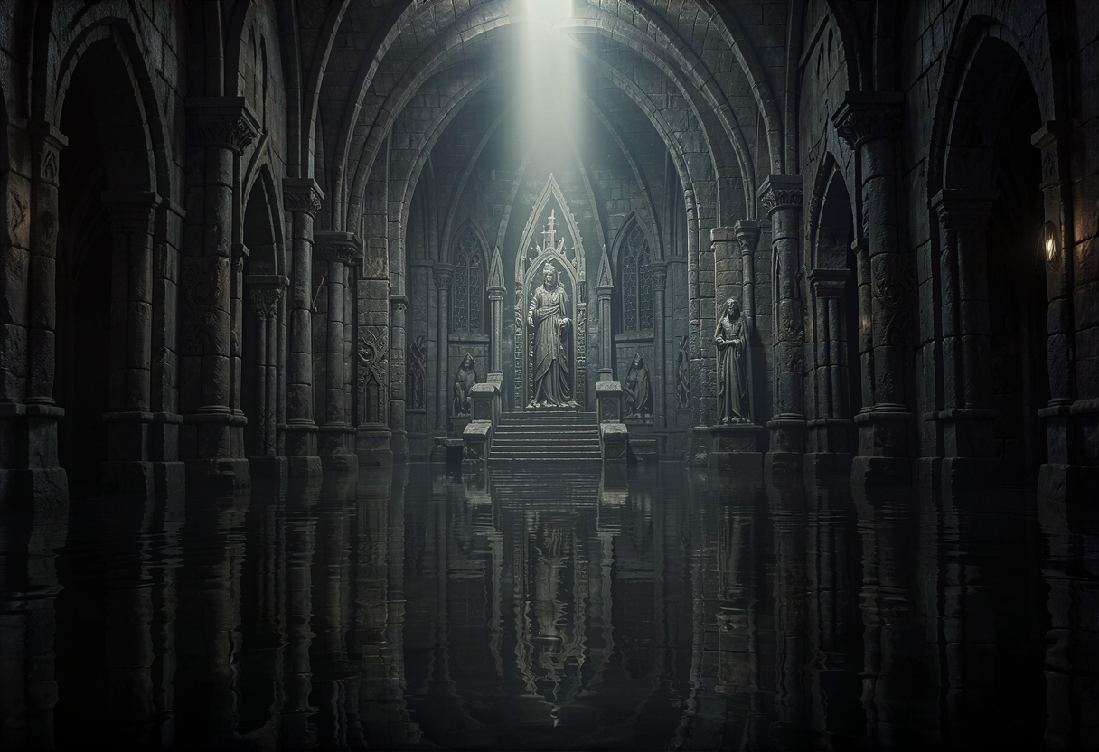 an empty flooded dwarven hall, still water, waiting