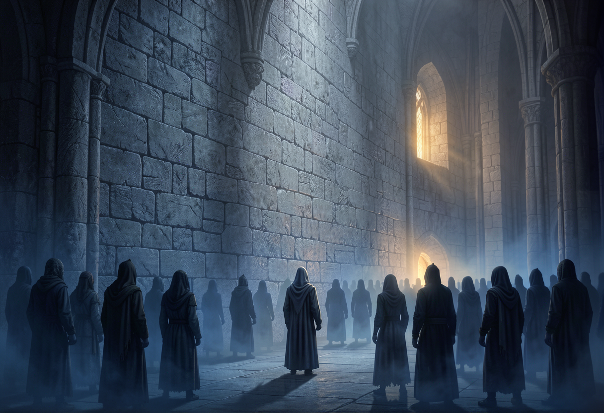 a hooded figure before an impassable stone wall, a crowd turned away