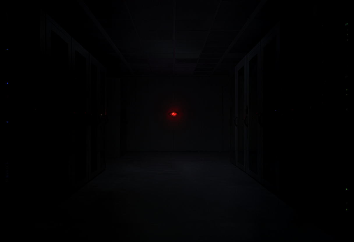 A single red light in a dark server room