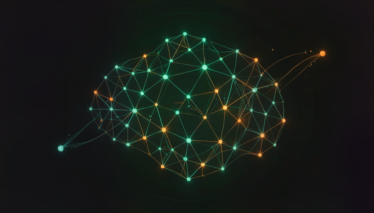 Abstract decentralized mesh of glowing interconnected nodes
